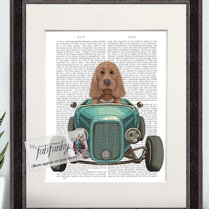Cocker Spaniel Gold Dog Art Print in Hot Rod Car, Auto Shop Poster, Funny Dog in Vintage Style Custom Classic Car Print Garage Wall Art