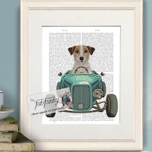 Jack Russell Rough Dog Art Print in Hot Rod Car, Auto Shop Poster, Funny Dog in Vintage Style Custom Classic Car Print Garage Wall Art Décor