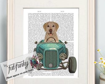 Labrador Yellow Dog Art Print in Hot Rod Car, Auto Shop Poster, Funny Dog in Vintage Style Custom Classic Car Print Garage Wall Art Décor