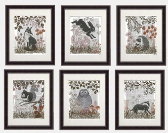 Country Lane collection, Gallery set of 6 book prints, Squirrel Badger Hare Hedgehog Fox Owl art print, Woodland wall art, Nursery decor