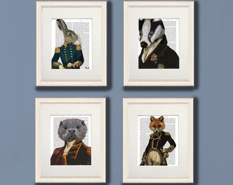 Military Collection Set of 4 Gallery Art Prints, Woodland hare badger otter and fox illustration on book pages for war hero gift home decor