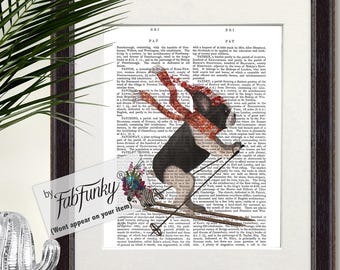 French Bulldog Black White Dog Skiing Wall Art Print, Cute Dog Vintage Style Ski Art, Whimsical Dog Lover Gift for skiers, Skiing Poster