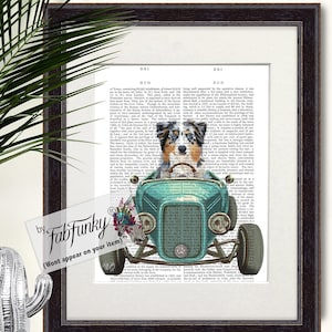 Australian Shepherd Dog Art Print in Hot Rod Car, Auto Shop Poster, Funny Dog in Vintage Style Custom Classic Car Print Garage Wall Art