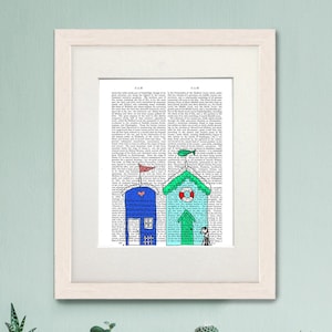 Beach hut picture, Whimsical print, Seaside painting, Beach house decor, Bathroom wall art, Book page art, Kids room art print- Beach Huts 2