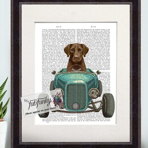 Labrador Chocolate Dog Art Print in Hot Rod Car, Auto Shop Poster, Funny Dog in Vintage Style Custom Classic Car Print Garage Wall Art Décor