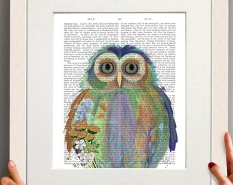 Owl art print, Owl painting, Colorful owl picture, Woodland owl poster, Floral print, Nursery wall art, Framed book print, Big canvas art