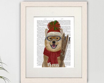 Impression de chien de ski Shiba Inu, art de la cabine d'hiver