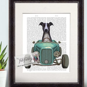 Greyhound Black White Dog Art Print in Hot Rod Car, Auto Shop Poster, Funny Dog in Vintage Style Custom Classic Car Print Garage Wall Art