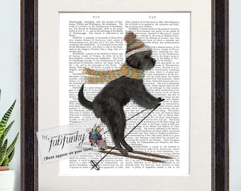 Labradoodle Black Dog Skiing Wall Art Print, Cute Dog Vintage Style Ski Art, Whimsical Dog Lover Gift for skiers, Skiing Poster