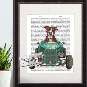 Pit Bull Brindle Dog Art Print in Hot Rod Car, Auto Shop Poster, Funny Dog in Vintage Style Custom Classic Car Print Garage Wall Art Décor