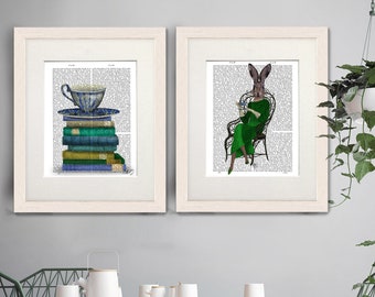 Tea Cup and Rabbit Print Set, Antiquarian Book Art
