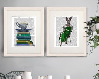 Tea lovers Set of 2 prints, Tea cup on books, Lady Bella Rabbit print, Hare print, Book lover gift, Library decor, Woodland hare art