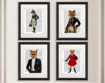 Foxy Collection Set Four Dictionary Art Prints, Wall Hanging, Fox print, Fox painting, Woodland decor, Art collection foxes, Animal Canvas