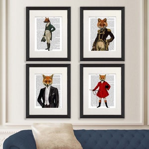 Foxy Collection Set Four Dictionary Art Prints, Wall Hanging, Fox print, Fox painting, Woodland decor, Art collection foxes, Animal Canvas