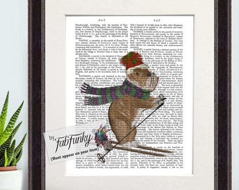 English Bulldog Dog Skiing Wall Art Print, Cute Dog Vintage Style Ski Art, Whimsical Dog Lover Gift for skiers, Skiing Poster