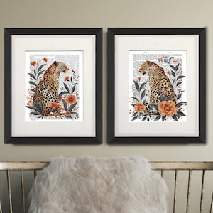 Tropical Leopards Decor, Set of 2 Wall Art Print Jungle Animals in Orange Botanical Flowers, Print on Book Page or Large Canvas Print
