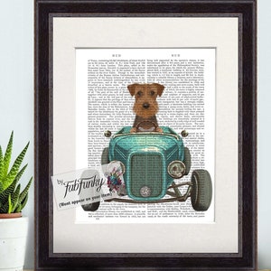 Airedale Dog Art Print in Hot Rod Car, Auto Shop Poster, Funny Dog in Vintage Style Custom Classic Car Print Garage Wall Art Decor