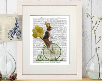 Beagle art print, Beagle gift, Dog on bike, Cycling wall art, Pet lover gift, Yellow nursery decor, Balloon painting, Dictionary print