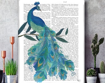 Peacock canvas art, Peacock feather print, Peacock painting, Tropical bird art, Blue bird print, Blue wall art, Book page print, Bird decor