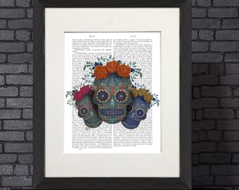 Sugar Skull Wall Art, Día de los muertos, Trío de calaveras, Sugar skull art print, Arte de calavera mexicana, Decoración gótica, Diseño de tatuajes, Calavera de flores
