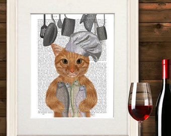 Funny cat print, Ginger cat art, Fish chef print, Kitchen wall art, Cat lover gift, Book page art, Dictionary print, Funny kitchen decor