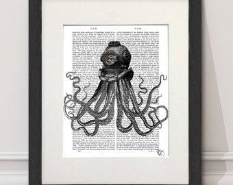 Octopus print, Diving Helmet, Steampunk octopus, Scuba diving gift, Octopus wall art, Dictionary print, Gift for diver, Black and white art