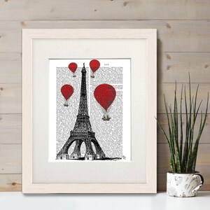 Eiffel Tower print Red Hot Air Balloon French style decor Eiffel tower poster Paris print Architecture gift Dictionary art Romantic gift