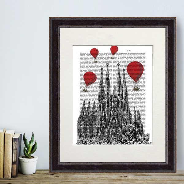 Sagrada Familia, Barcelona Print, Red Hot Air Balloons, Spanish decor canvas, Dictionary art print, Architecture gift, Barcelona souvenir