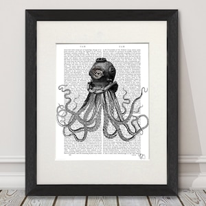 Octopus print, Diving Helmet, Steampunk octopus, Scuba diving gift, Octopus wall art, Dictionary print, Gift for diver, Black and white art