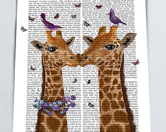 Giraffe love giraffe Print - Kissing giraffe and Birds -  gifts for boyfriend Romantic gift for wife gift for husband anniversary gift