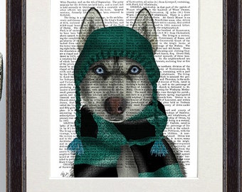 Husky Hat and Scarf Print – Dog Illustration on Antiquarian Book Page