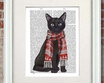 Black Cat - Black cat red scarf - Cat lover gift Kitty Cat gifts for women Cat lady Funny cat Cat art Kitty cat Cat decor Crazy cat lady