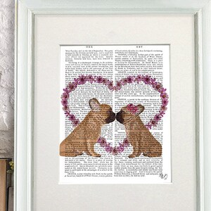 Fawn French Bulldog Art - Frenchie and Flower Heart - French bulldog print Wedding gift idea paper gift idea couple gift engagement gift