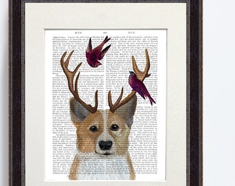 corgis Print - Corgis und Geweih - Pembroke Welsh Corgis Kunstdruck Corgis Wand kunst Unikat Kind Geschenk Niedliche Tier Kunst für Kinderzimmer