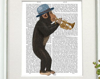 Monkey, Trumpet & Blue Hat - musical nursery print music gift ideas gift for musician tuba gift monkey print funny monkey music room décor