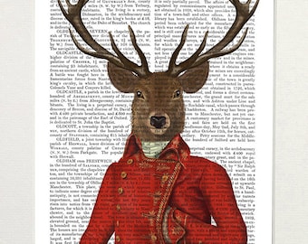 Estampado de ciervo Chaqueta roja y dorada Retrato Regalo de padrino Bonito ciervo Estampado de ciervo Cabeza de ciervo Pintura de ciervo Póster de ciervo Solo vendedores del Reino Unido Regalo para hombre