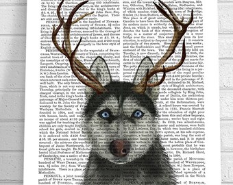 May include: A black and white husky dog with antlers on its head. The dog is looking directly at the camera. The background is a vintage book with text about the town of Penge.