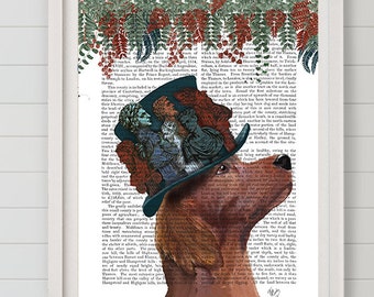 May include: A brown and white dog wearing a blue top hat with a variety of colorful flowers and feathers. The dog is looking to the right. The background is a white wall with a framed print of text.