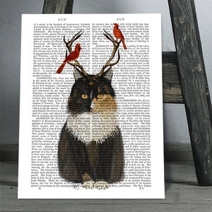 Tortoiseshell cat and antlers - cat print red cardinals cat wall art home decor cat art print Calico cat cute gift for friend cute cat gift