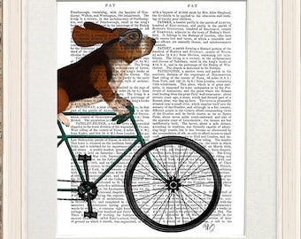 Stampa di un Basset Hound in bicicletta – Regalo per amanti dei cani, arte antica
