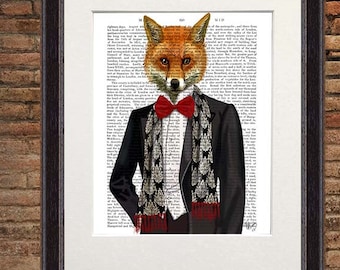 Fox print  Red Bow Tie Groomsman gift couple gift wedding unique wedding gift idea man cave art fox gentleman gifts for men gift for husband