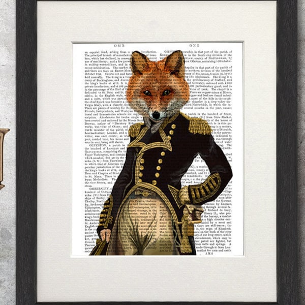 Admiral Fox Art Print, Military print fox illustration fox décor boyfriend birthday gift for dad upcycled recycled repurposed uk seller only