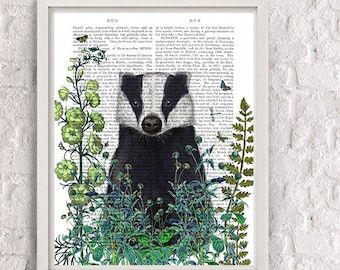 Badger Print - Badger in Garden badger art print gardening gift gardeners gift badger gift badger portrait badger painting garden art summer