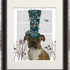 Boxer Dog Print - Boxer and Teal Bird House Hat - whimsical dog print nursery dog print Cute animal art for kids rooms girls room boys room