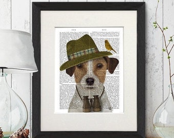 Jack russell decor - Jack russell birdwatcher - Jack russell picture Terrier dog illustration Country dog decor Best friend dog gift Dog dad