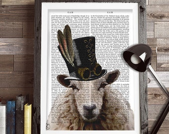 Steampunk Sheep Art Print, Top Hat Book Page Wall Decor