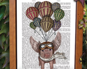 Flying Pig and Balloons Art Print – Vintage Aviator Pig Illustration