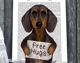 Dachshund Print Free Hugs - Dachshund poster Dacshund illustration doxie gift for dog lover cute doxie valentines gift for her gift for wife