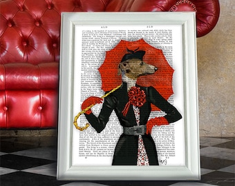 greyhound art print - red umbrella - whippet print gift for greyhound lover greyhound dog print greyhound poster whippet art greyhound décor