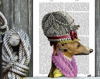 Vintage Greyhound Dog Print, 16th Century Hat, FabFunky Art